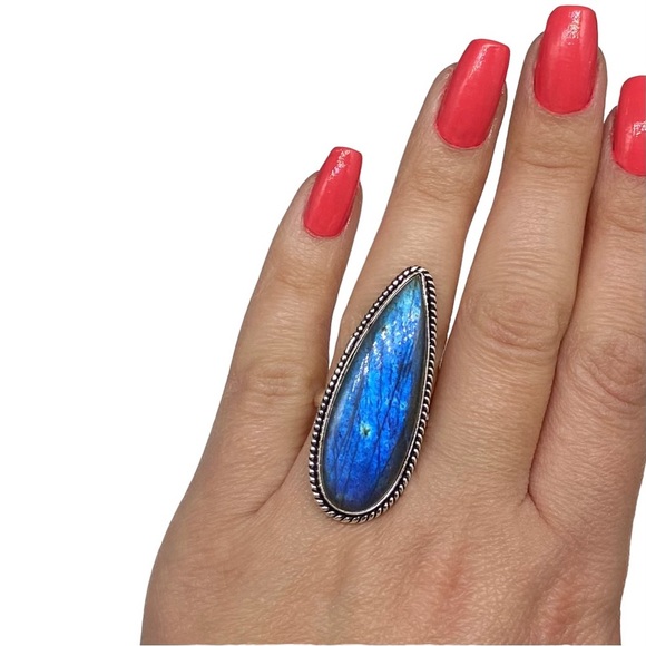 Jewelry - Blue Fire Flash Labradorite Ring Size 7.5 925 Sterling Silver Overlay Stone